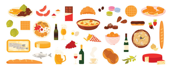 Food and drink of Northern Europe set. Potato croquettes and baguette, chocolate eclair and candy, French waffles, Emmental cheese and seafood spaghetti, beer and wine cartoon vector illustration
