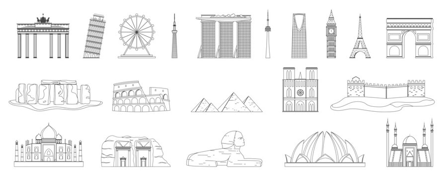 A global line set of world famous landmarks including historical monuments, religious sites, modern towers, ancient wonders. Captures iconic architecture across continents outline vector illustration.