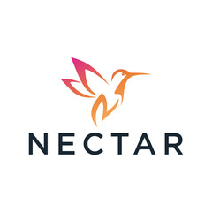 Elegant Linear Hummingbird Flying with Nectar Flower Logo Design Template