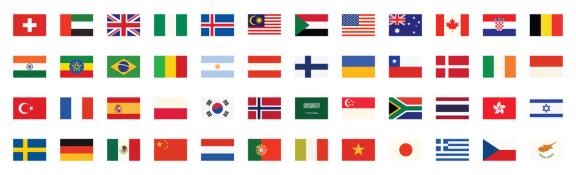 Flag of world set, international collection with flags buttons of Europe and Africa, America and Asia. Australia and United States, Switzerland and Finland, Canada, Denmark cartoon vector illustration