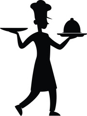 silhouette of baker with hat holding tray on white background
