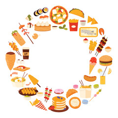 Diverse food in a circular arrangement. The arrangement includes items like sushi, tacos, pizza, french fries, dumplings, burritos, skewers, burgers, hot dogs, and pancakes vector illustration