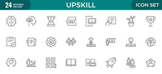Set of Outline icons related to upskill, upskilling, personal growth, development, education, career. Outline icon collection.