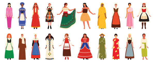 Folk woman in ethnic traditional different dress set. Girls wearing history clothes of Malaysia and South Africa, Thailand and Mexico, Vietnam and China, Netherlands cartoon vector illustration