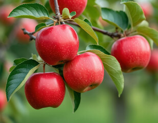Obraz premium Red apples on a branch in the garden. AI generated.