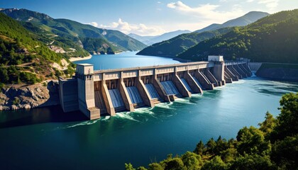 Majestic hydroelectric dam amidst serene landscape with mountains and water reservoir