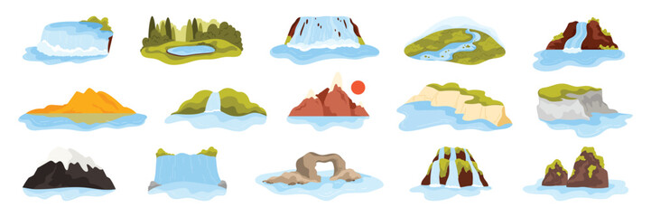 Famous waterfalls, rivers and lakes of world set. Nature landmarks collection with Niagara and Victoria Falls, White Cliffs of Dover and Halong Bay Rocks, Angel Falls cartoon vector illustration