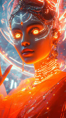 Beautiful woman in futuristic costume over night trance festival background. Portrait of young girl in modern headphones listening music. AI Generative