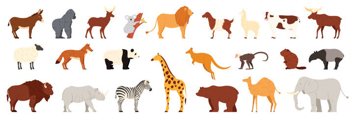Wild and farm animals set. Different zoo and domestic animals in nature side view, wildlife mammals collection, fauna of Asia and Africa, America and Europe, Australia cartoon vector illustration © Flash Vector
