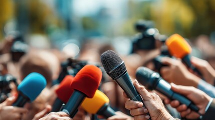 Fototapeta premium Colorful microphones held by journalists, press event scene, high-resolution photo