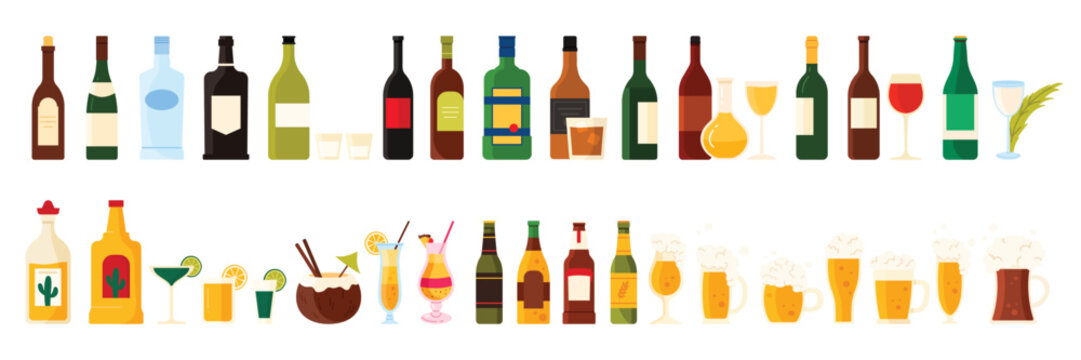 Alcohol drinks and cocktails menu set of bar and restaurant. Beverages of booze collection in glass bottles and wineglass, beer and vodka, white and red, sparkling wine cartoon vector illustration