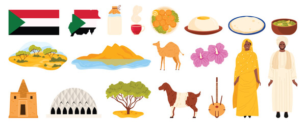 Travel to Sudan infographic set with culture and nature elements, food and people in ethnic tribal costumes. Nilian Mosque and Meroe Pyramids, mountain landscape, savannah cartoon vector illustration