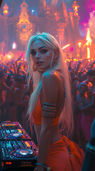 Beautiful woman in futuristic costume over night trance festival background. Portrait of young girl in modern headphones listening music. AI Generative