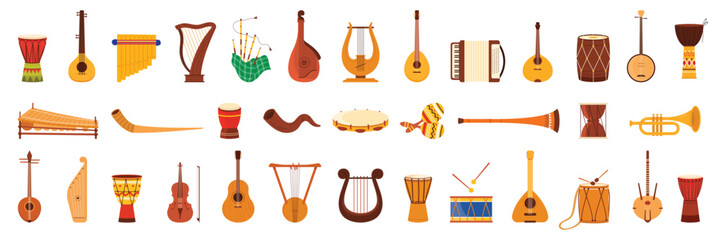 Different ethnic musical instruments set. Retro equipment of folk ensemble collection with drum and violin, acoustic guitar and bagpipes, maracas and shofar, alphorn cartoon vector illustration