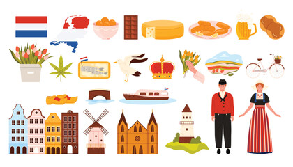 Travel to Netherlands set, famous architecture landmark and national culture symbols of Holland. Dutch man and girl, windmill and food, flag and map of country, bicycle cartoon vector illustration