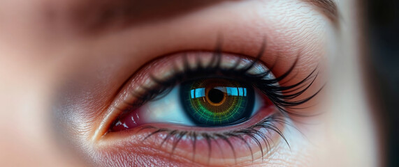 Fototapeta premium Woman's eye showing futuristic digital display reflecting technology