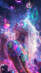 Beautiful woman in futuristic costume over night trance festival background. Portrait of young girl in modern headphones listening music. AI Generative