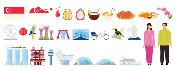Travel to Singaporean set. Landmarks, cultural elements, and cuisine. Includes Merlion, Super tree Grove, and iconic dishes like chili crab and satay vector illustration.