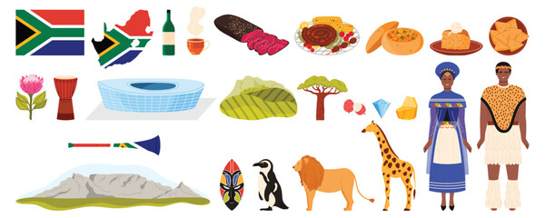 Obraz premium Travel to South Africa set with culture and nature elements, people in ethnic tribal costumes. Biltong cured meat and protea flower, mountains and animals of National parks cartoon vector illustration