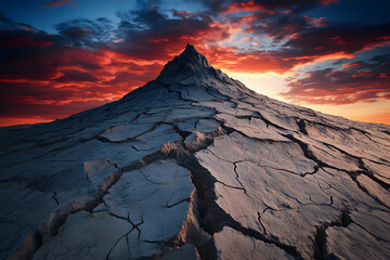 A lone, weathered desert peak with deep cracks, standing against a sky painted in fiery sunset hues