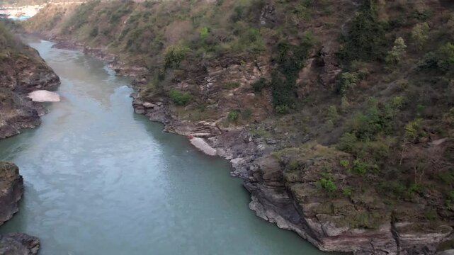 Drone View of Rudraprayag Sangam &ndash; Aerial Shot of the Sacred Confluence of Alaknanda and Mandakini Rivers Amidst Himalayan Landscape in Uttarakhand, India