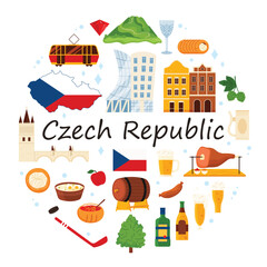 Naklejka premium Travel to Czech Republic, culture elements and landmarks in round infographic banner with title. Famous food and beer, Charles Bridge and Cathedral in historic Prague cartoon vector illustration