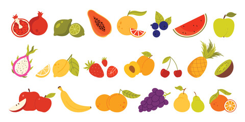 Vector illustration of various colorful fruits, including pomegranate, lime, papaya, and apple, representing healthy eating, nutrition, and freshness.