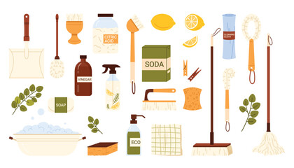 Eco friendly detergent, hygiene and cleaning product, household supplies set. Natural vinegar and soda, biodegradable spray liquid to clean kitchen and toilet, sponge, mop cartoon vector illustration