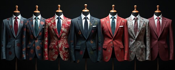Row tailored suits display black background. Suits on mannequin torso. Variety formal outfits with floral patterns, solid colors, ties. Fashion design, retail, business, online clothing store.