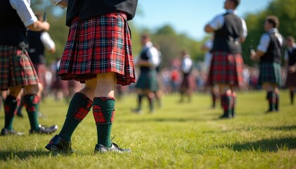 Fototapeta premium Scottish Highland Games participants wear traditional kilts. Event taking place on sunny day. Scottish culture, heritage, tradition. Competition gathering, plaid patterns, athletic tradition