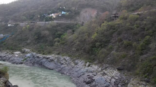 Drone View of Rudraprayag Sangam &ndash; Aerial Shot of the Sacred Confluence of Alaknanda and Mandakini Rivers Amidst Himalayan Landscape in Uttarakhand, India