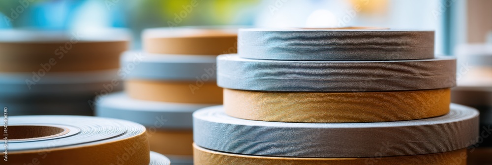 Aufkleber window sealing tapes in rolls neatly stacked for storage or sale in a clean environment