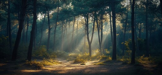 Fototapeta premium Enchanting Forest Sunlight: A serene landscape with beams of light filtering through tall trees