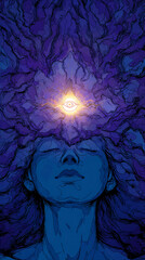 Chakra Adjna light spirituality, development of intuition, connection with the absolute and one's soul, vision, meditation, mental health. AI Generative