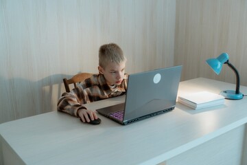 An 8-year-old boy joyfully plays computer games on his laptop at home. His face lights up with excitement as he enjoys the virtual adventure. A fun and engaging moment of childhood and technology