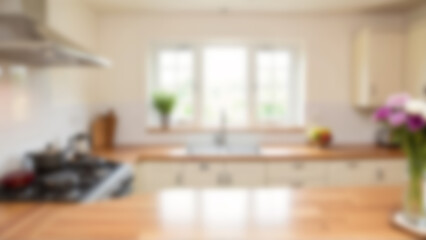 Blurred photo of simple kitchen interior for home or apartment use. Clean space suitable for cooking, food preparation, or real estate presentation.