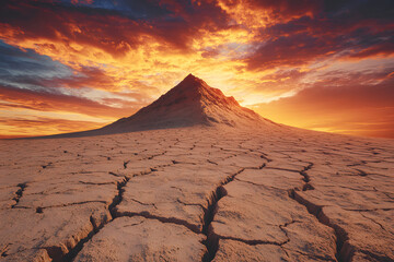 A lone, weathered desert peak with deep cracks, standing against a sky painted in fiery sunset hues