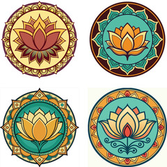 Colorful Lotus Flower Mandala Designs In Teal Yellow And Brown Background
