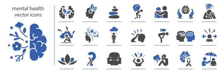 Plakat mental personality problem simple symbols, mental health icons, anxiety or stress icon set, flat vector illustration, outline editable stroke