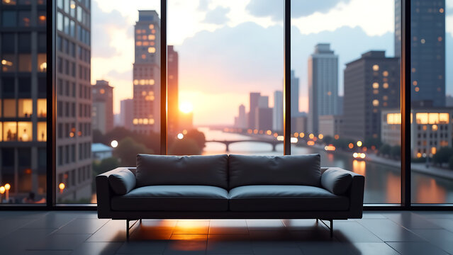 sleek sofa sits window blurred cityscape outside illuminated warm golden light spilling