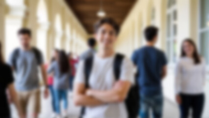 Blurred photo of casual student standing in academic hallway. Image suitable for education, university, or campus life context.