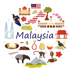Malaysia culture elements, landmarks in round infographic banner. Architecture of Kuala Lumpur, modern and ancient buildings, animals and plants of national park in circle cartoon vector illustration © Flash Vector