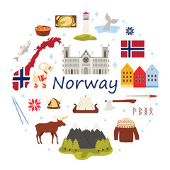 Travel to Norway, culture elements and nature, flag and map in round infographic banner. Nordic symbols and food, landscape and landmarks in circle with Norway title cartoon vector illustration