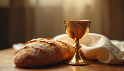 Golden chalice with bread on wooden table. Symbolic representation of holy communion, christian faith and catholic religious sacrament, reminiscent of Maundy Thursday, faith and spirituality.
