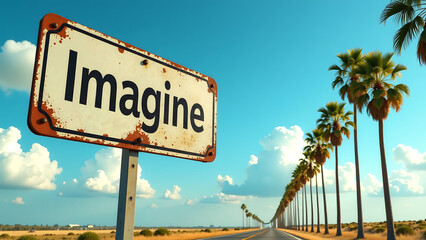 Fototapeta premium weathered highway sign proudly displaying brilliant blue sky lush green palm trees stretching towards horizon