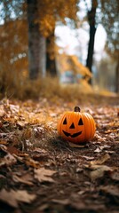 Obraz premium Halloween Pumpkin on a Pathway Surrounded by Autumn Leaves in a Quiet Neighborhood
