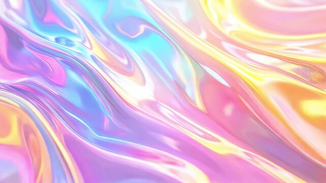 Loop holographic iridescent liquid foil background animation. Soft pastel neon colors fluid texture, dynamic holographic wavy holographic surface, wavy foil liquid animation