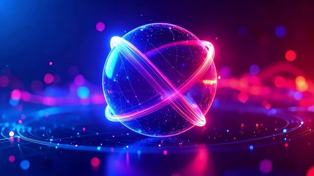 Loop glowing plexus sphere rotating on circuit board with neon lights background animation
