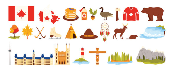 Travel to Canada set, famous landmark and national culture symbols. Canadian animals and mountain landscape, lighthouse and city buildings, maple syrup, hockey stick cartoon vector illustration © Flash Vector