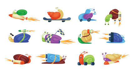 Naklejka premium Fast moving snails set. Cute garden quick slugs with shells of different colors ride on skateboard and wheels, funny turbo snails racers fly on speed rockets in race cartoon vector illustration